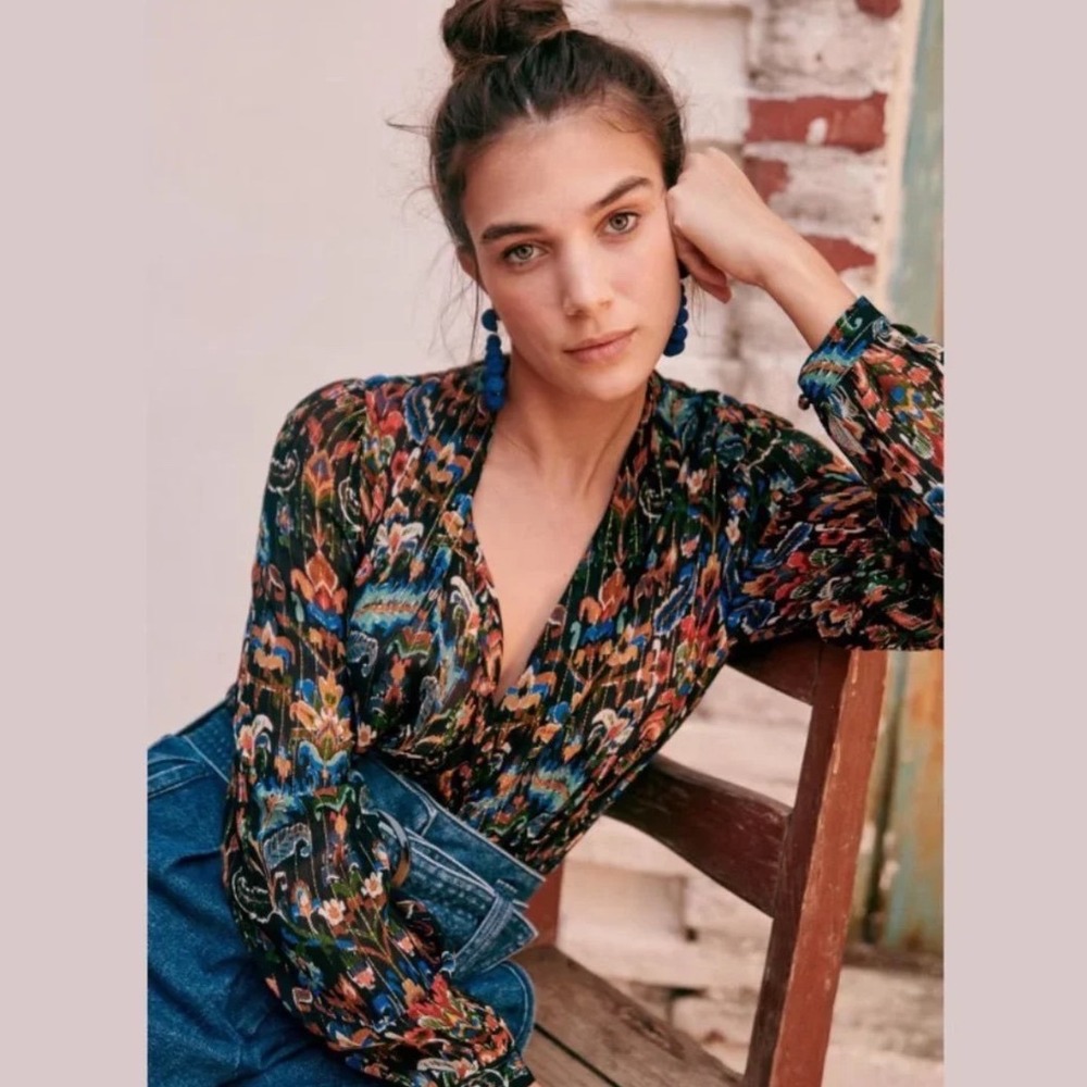 Sezane Abelia Blouse Multicolor Silk Blend Lurex Wrap Top Size 40 US 8